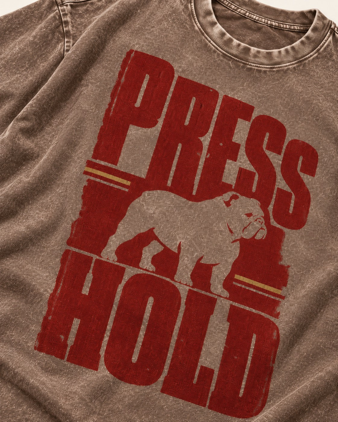 English Bulldog Press and Hold Washed Tee in Coffee, close-up of the graphic