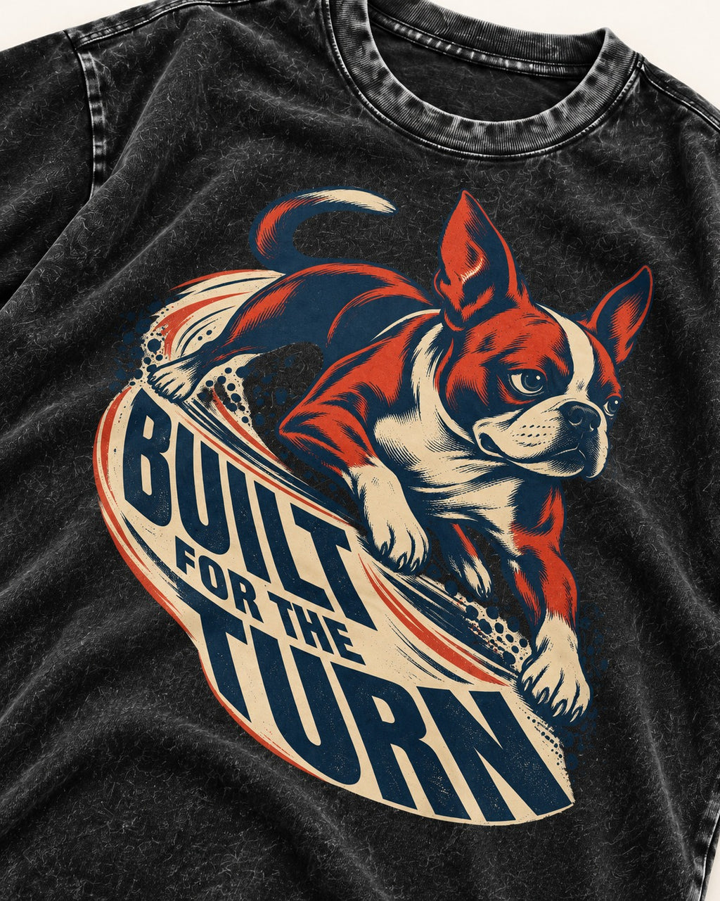 Built for the Turn Boston Terrier Washed Tee in Black, close-up of the graphic