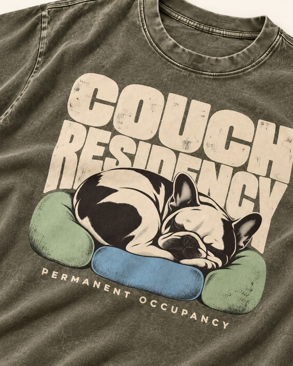 Frenchie Couch Residency Permanent Occupancy Cushion Graphic Washed Tee in Army Green, close-up of the graphic