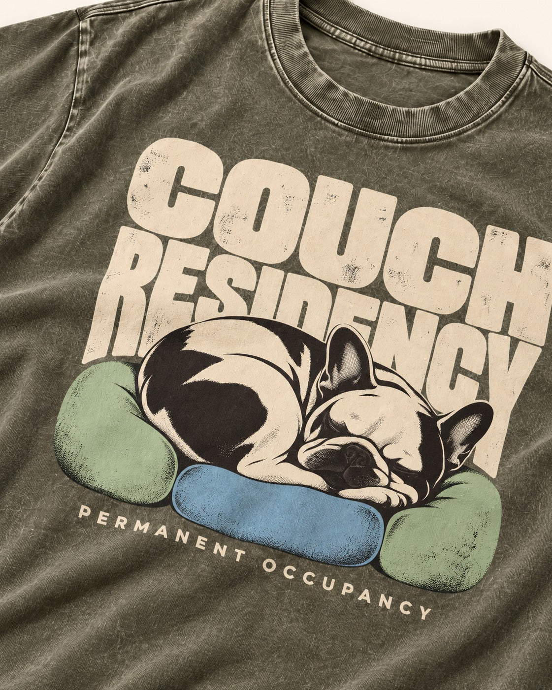 Frenchie Couch Residency Permanent Occupancy Cushion Graphic Washed Tee in Army Green, close-up of the graphic