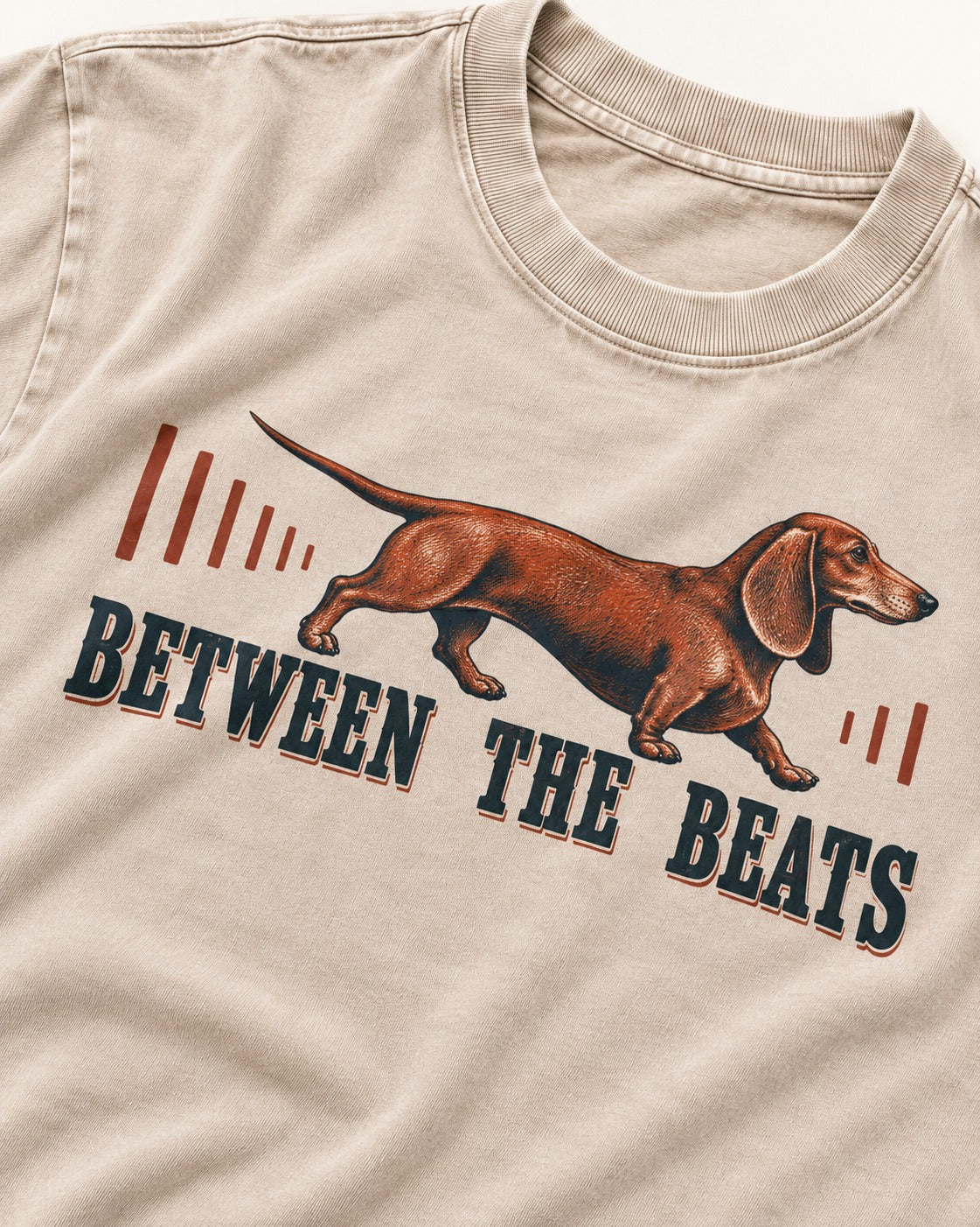 Dachshund Between the Beats Washed Tee in Apricot, close-up of the graphic