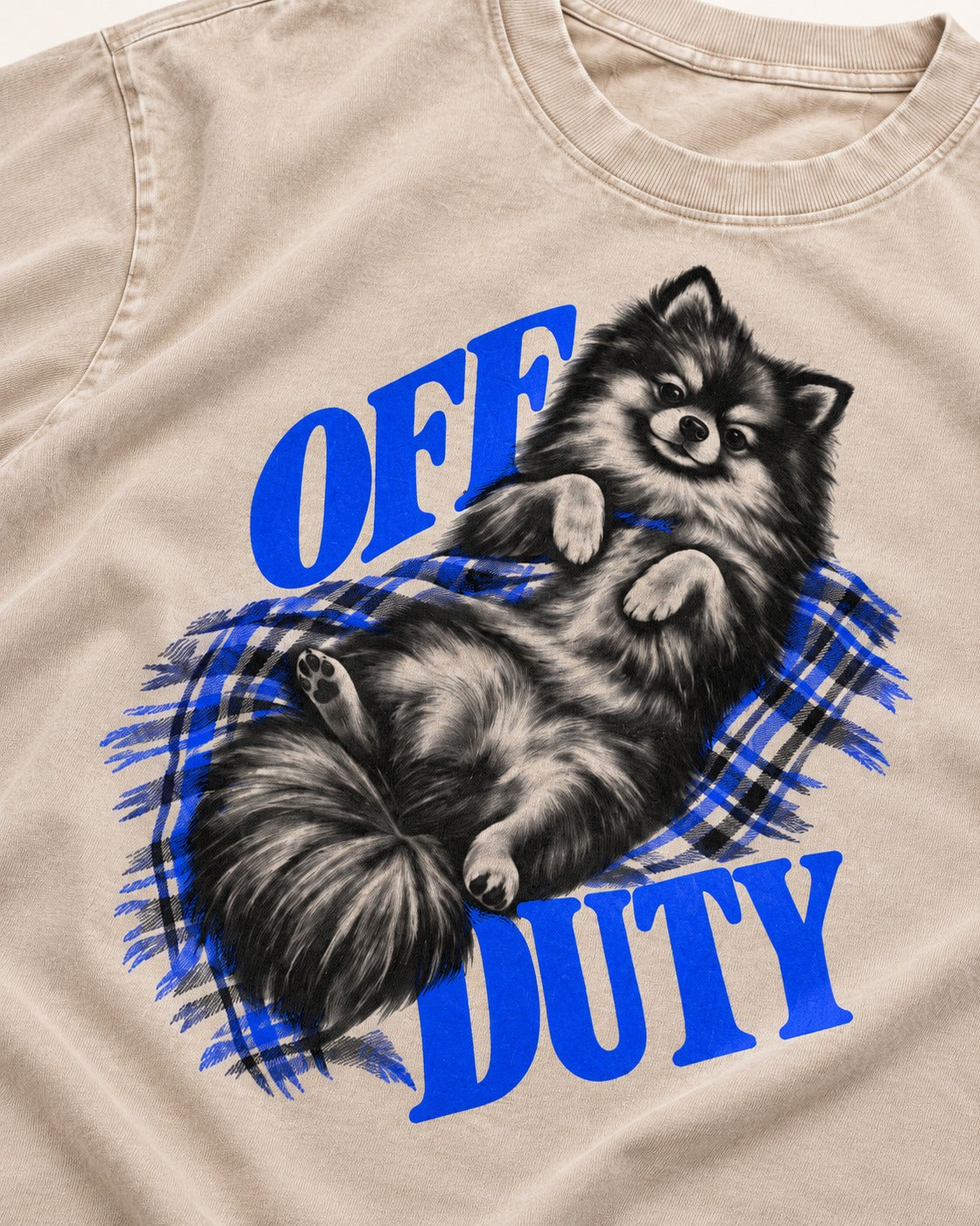 Off Duty Pomeranian Washed Tee in Apricot, close-up of the graphic