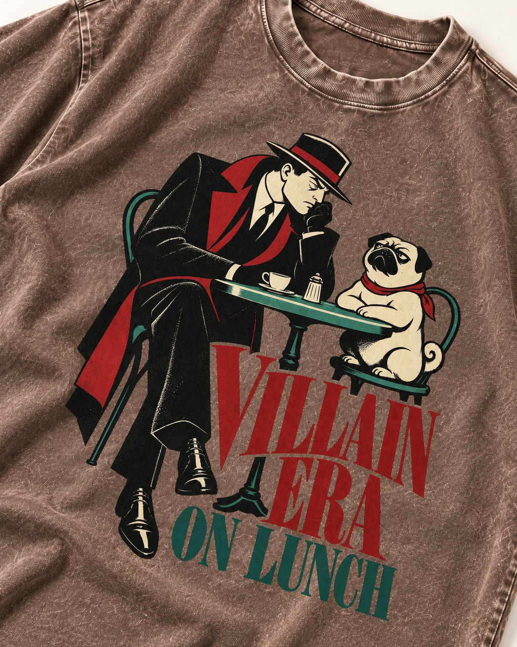 Pug Villain Era Washed Tee in Coffee, close-up of the graphic