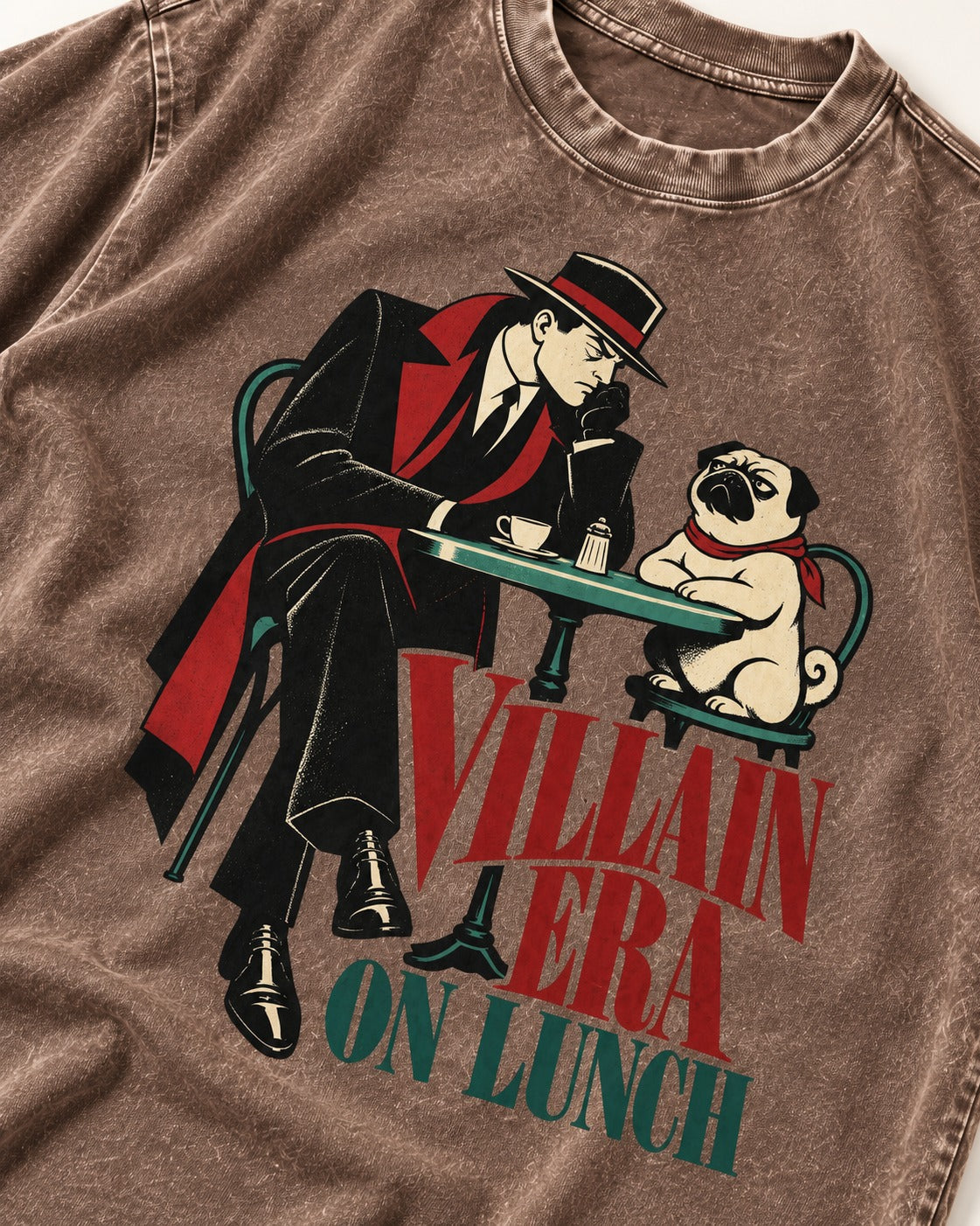 Pug Villain Era Washed Tee in Coffee, close-up of the graphic