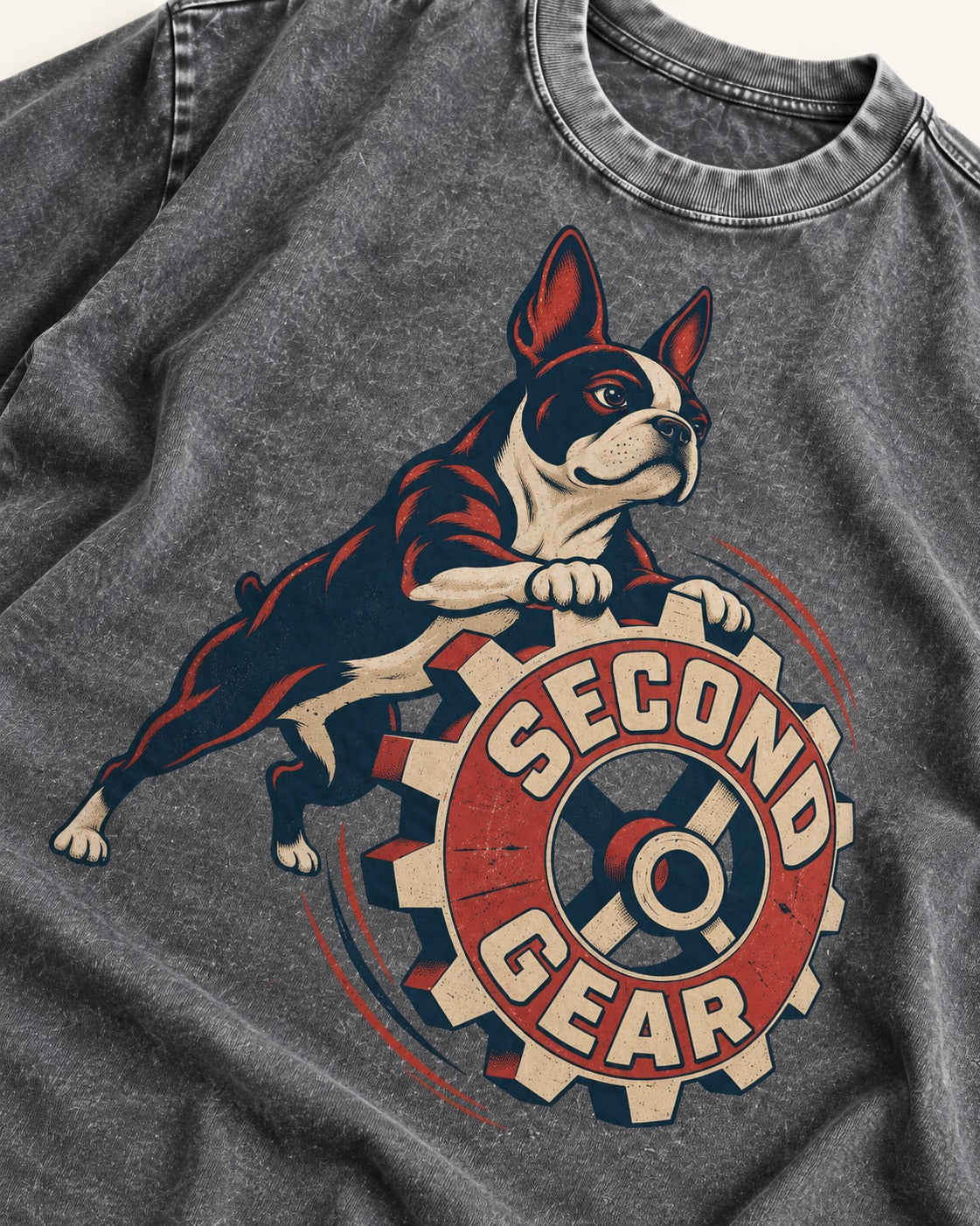 Second Gear Boston Terrier Graphic Washed Tee in Gray, close-up of the graphic