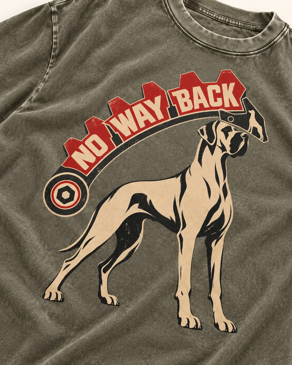 Great Dane No Way Back Arrow Graphic Washed Tee in Army Green, close-up of the graphic