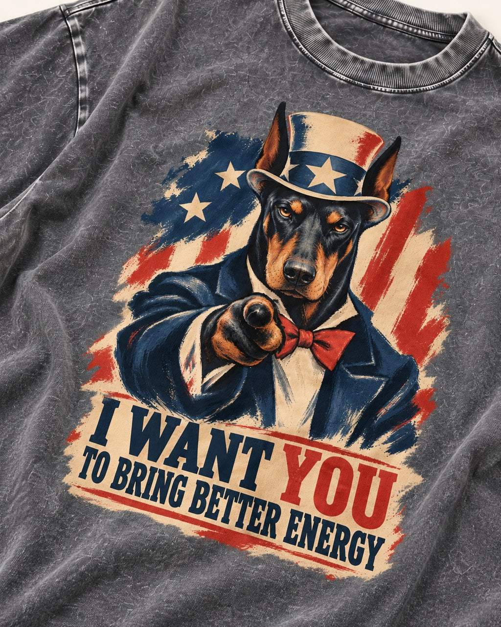 Doberman I Want You to Bring Better Energy Uncle Sam Graphic Washed Tee in Gray, close-up of the graphic