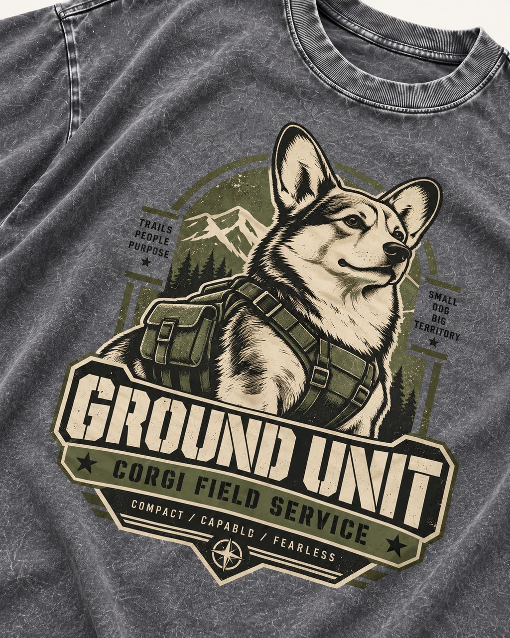 Corgi Ground Unit Field Service Badge Washed Tee in Gray, close-up of the graphic