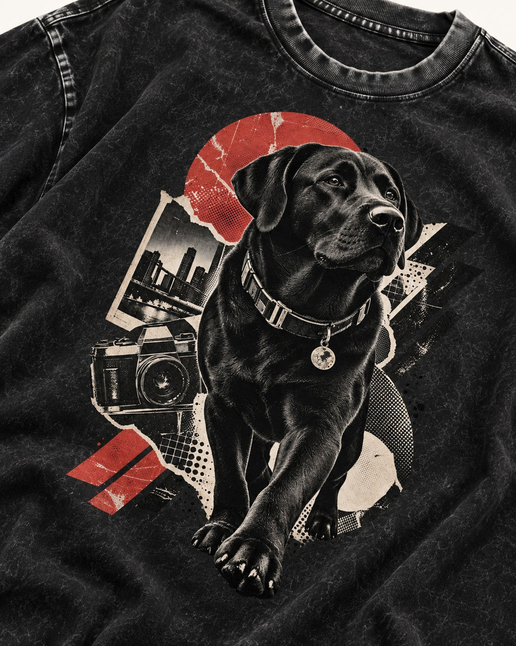 Labrador Retriever Camera City Halftone Collage Graphic Washed Tee in Black, close-up of the graphic