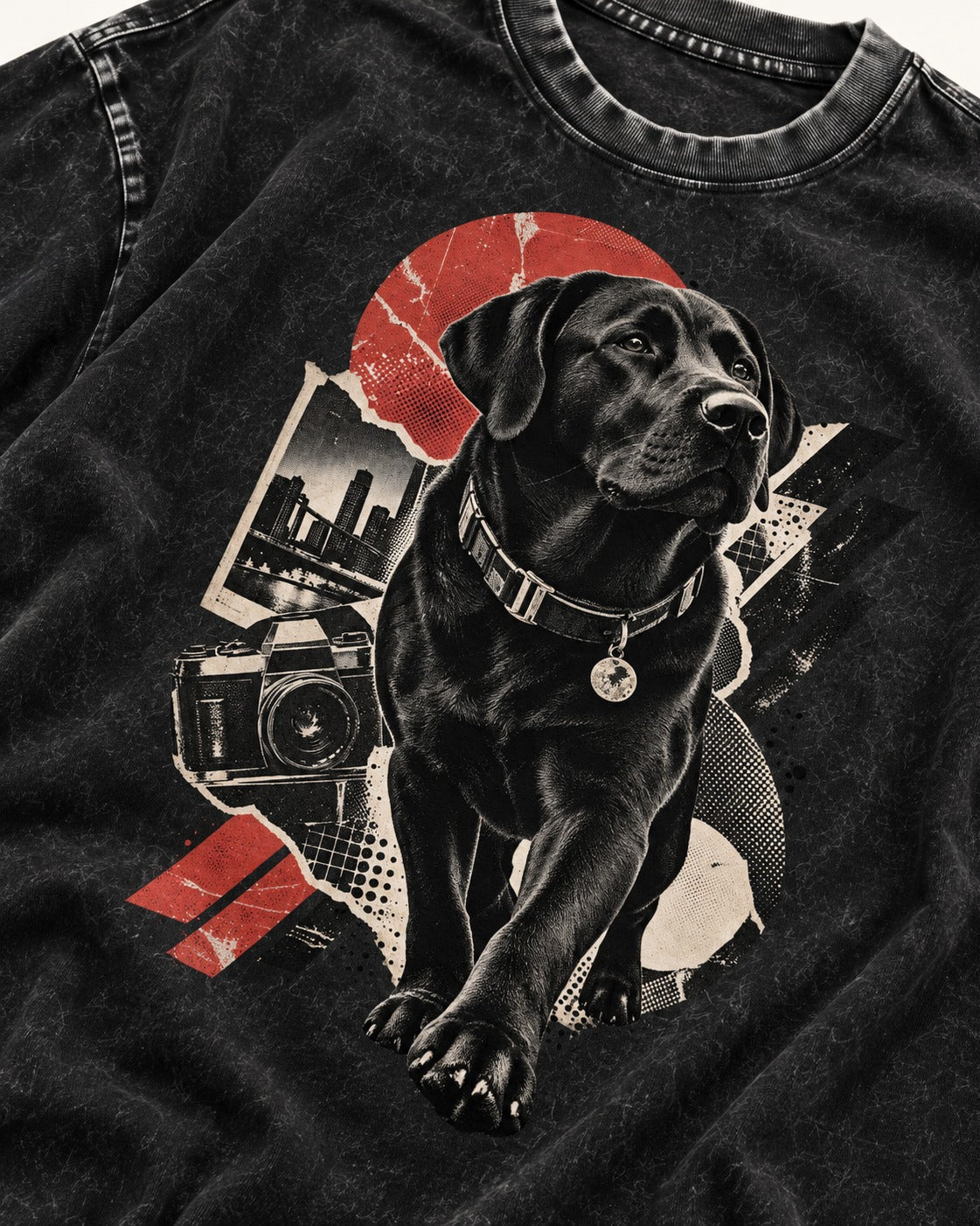 Labrador Retriever Camera City Halftone Collage Graphic Washed Tee in Black, close-up of the graphic