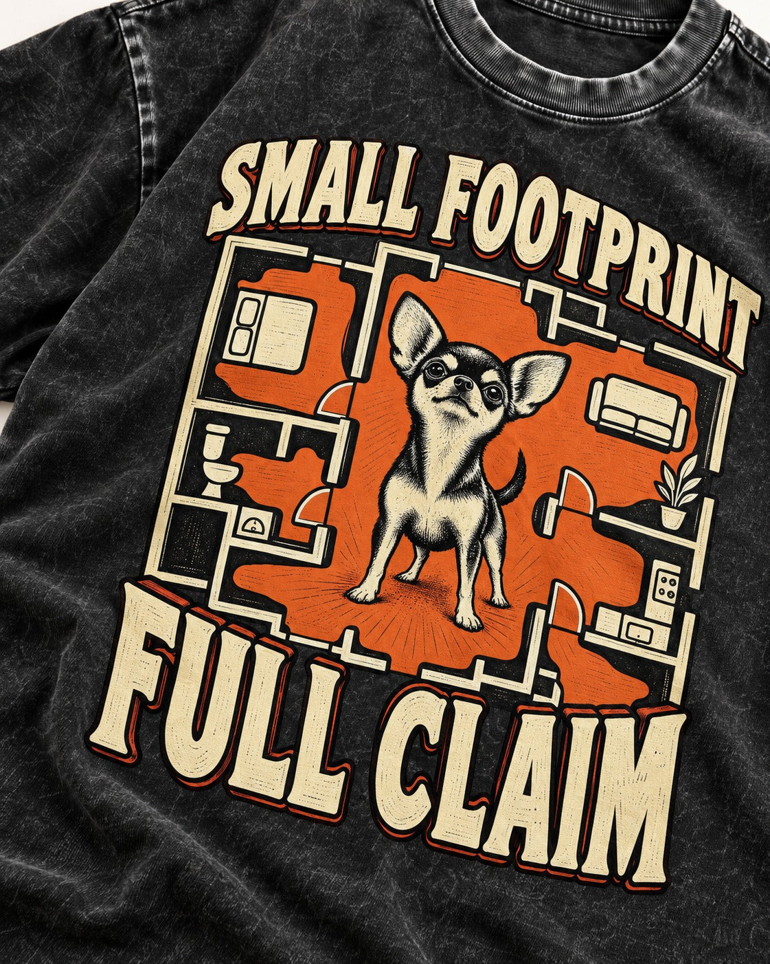Chihuahua Small Footprint Full Claim Floor Plan Graphic Washed Tee in Black, close-up of the graphic