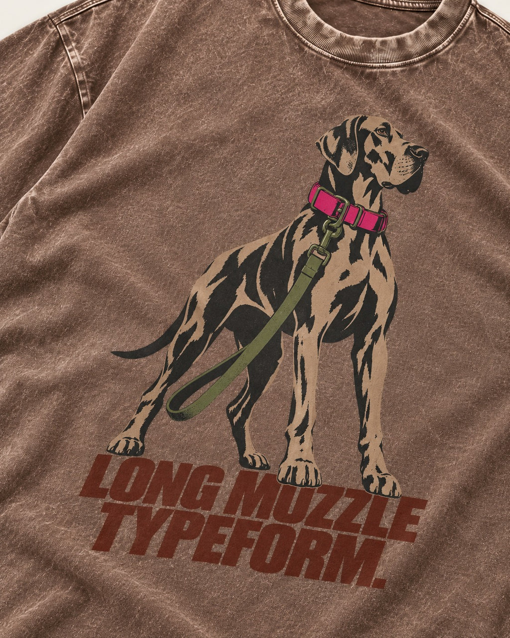 Long Muzzle Typeform Great Dane Washed Tee in Coffee, close-up of the graphic