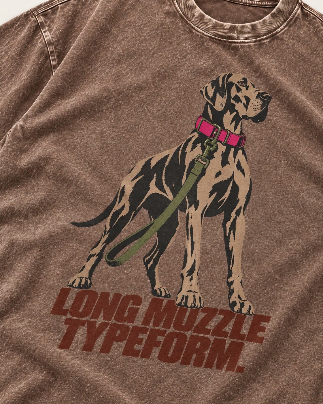 Long Muzzle Typeform Great Dane Washed Tee in Coffee, close-up of the graphic
