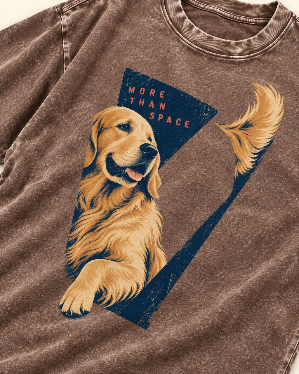 Golden Retriever More Than Space Washed Tee in Coffee, close-up of the graphic
