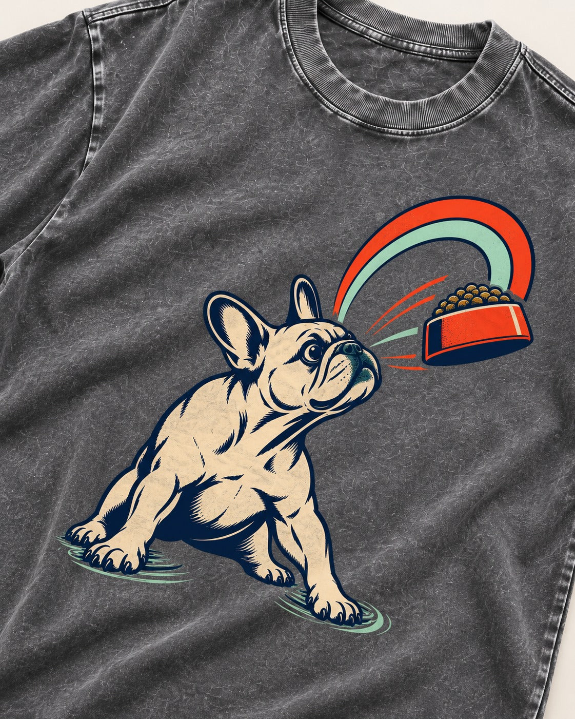 Frenchie Dinner Magnet Graphic Washed Tee in Gray, close-up of the graphic