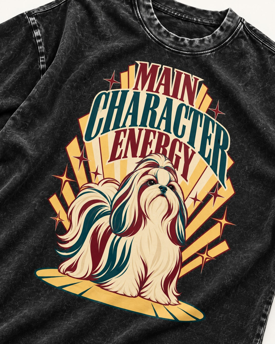 Shih Tzu Main Character Energy Art Deco Graphic Washed Tee in Black, close-up of the graphic