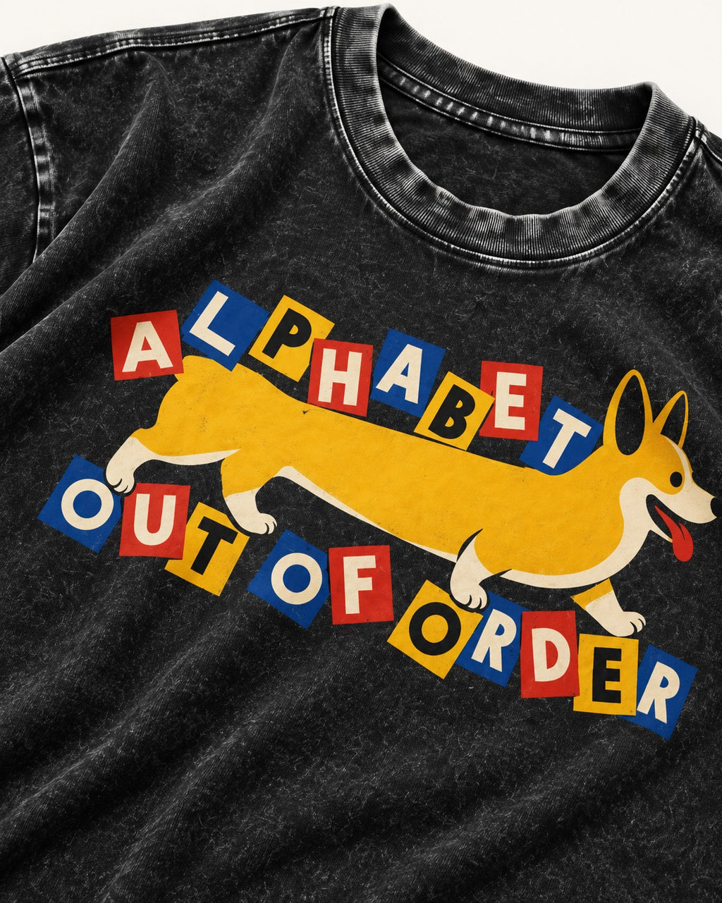 Corgi Alphabet Out of Order Graphic Washed Tee in Black, close-up of the graphic