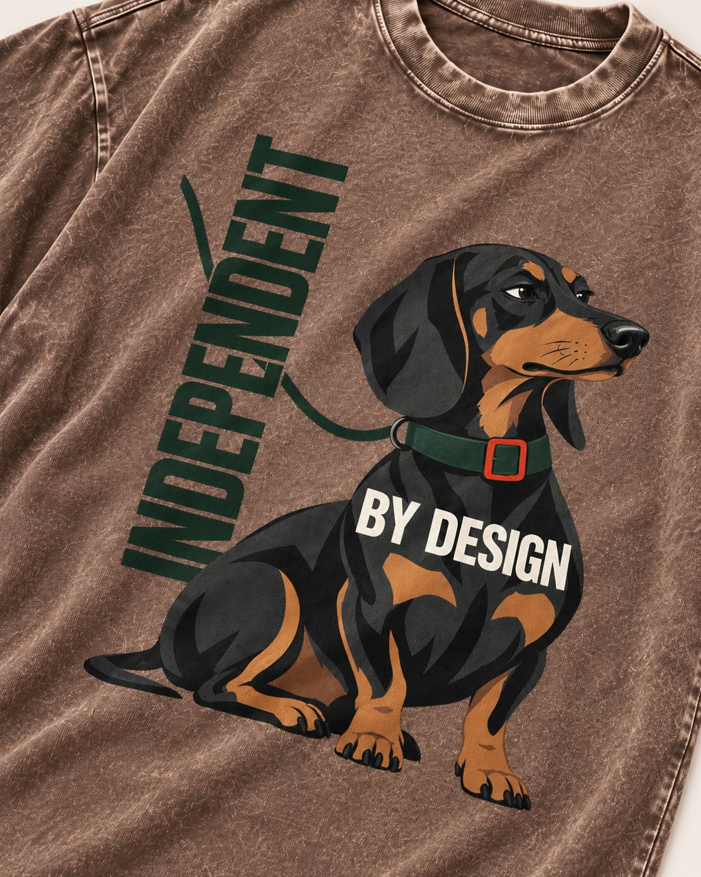Independent Dachshund Washed Tee in Coffee, close-up of the graphic