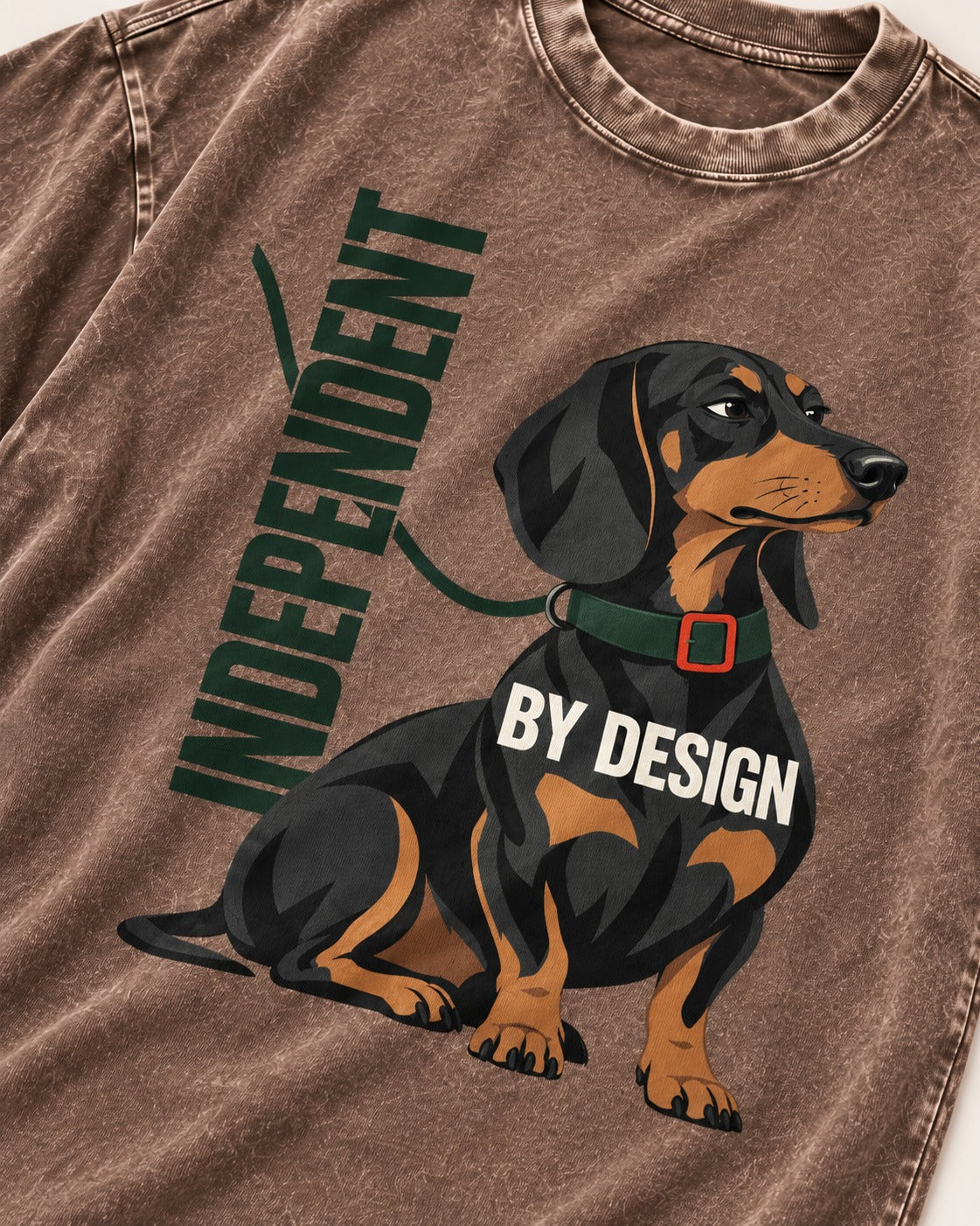 Independent Dachshund Washed Tee in Coffee, close-up of the graphic