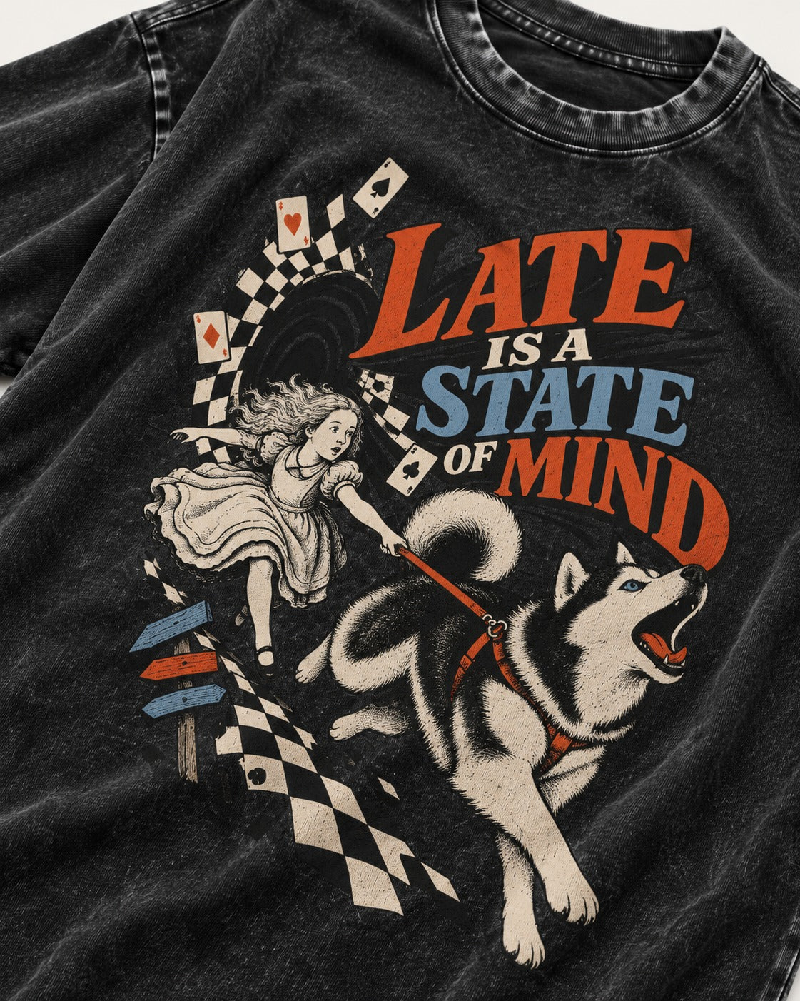 Husky Late Is a State of Mind Wonderland Chase Graphic Washed Tee in Black, close-up of the graphic