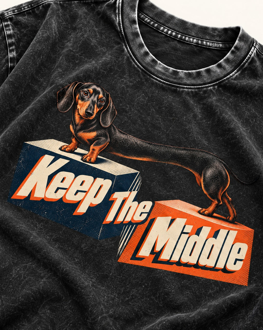 Dachshund Keep The Middle Block Bridge Graphic Washed Tee in Black, close-up of the graphic