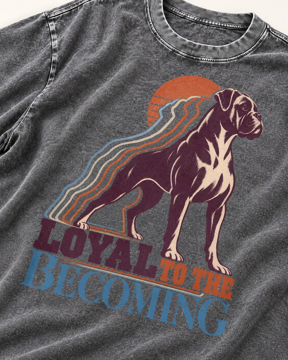 Boxer Loyal to the Becoming Washed Tee in Gray, close-up of the graphic