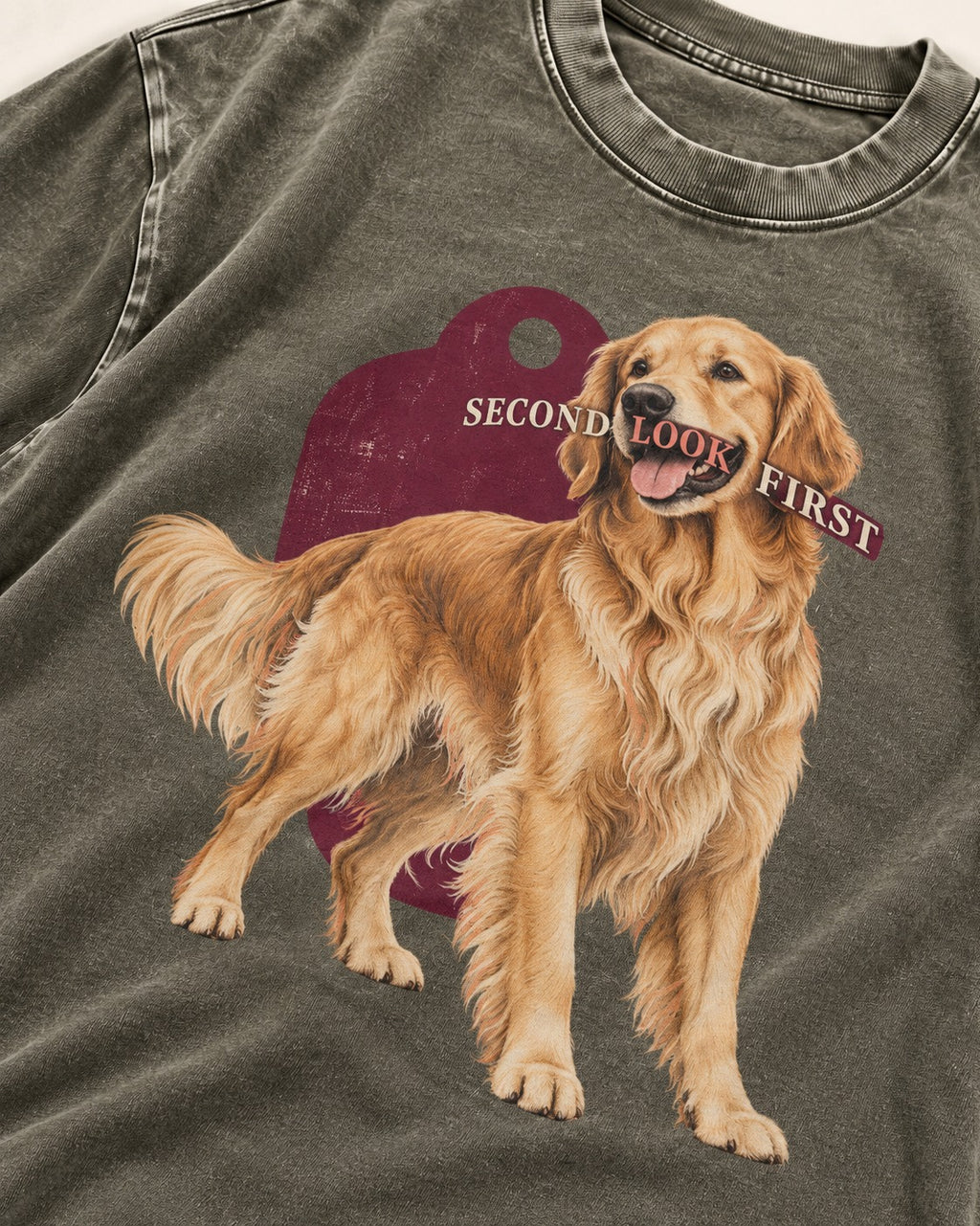 Golden Retriever Second Look First Tag Portrait Graphic Washed Tee in Army Green, close-up of the graphic