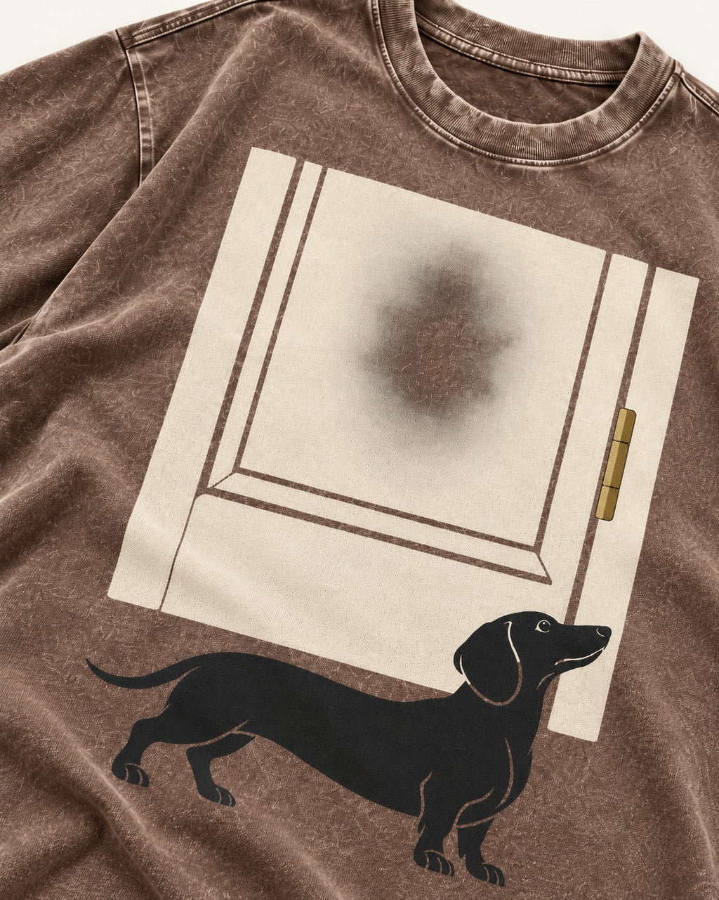Dachshund Frosted Door Sentinel Graphic Washed Tee in Coffee, close-up of the graphic
