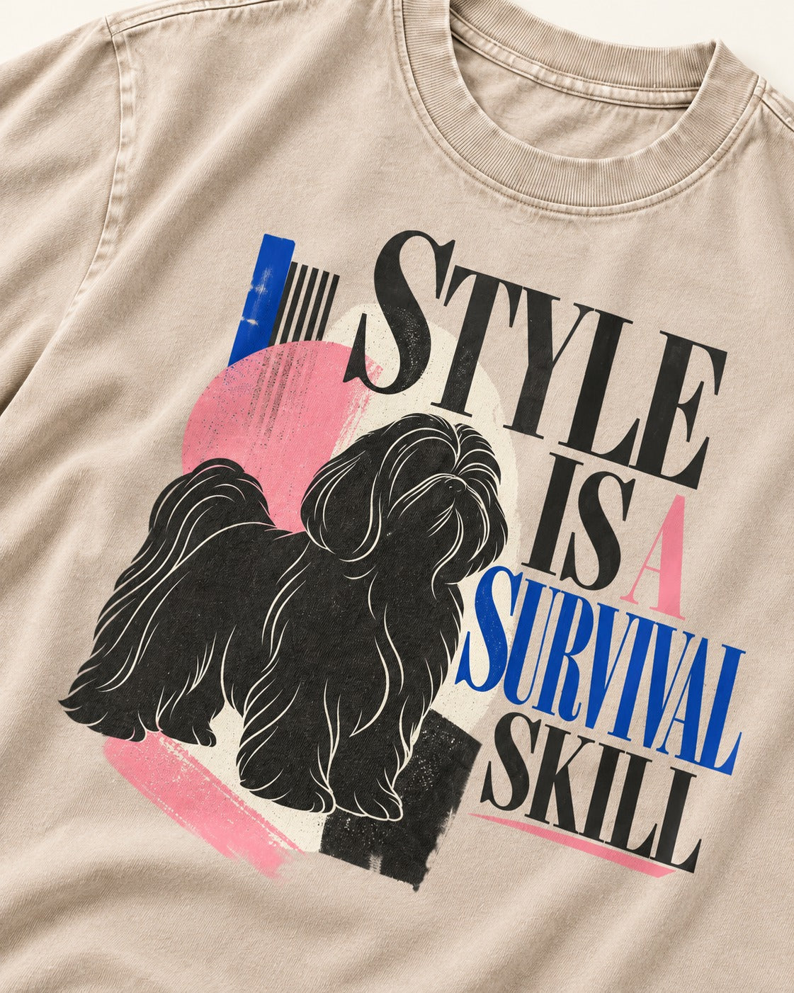 Shih Tzu Survival Skill Washed Tee in Apricot, close-up of the graphic