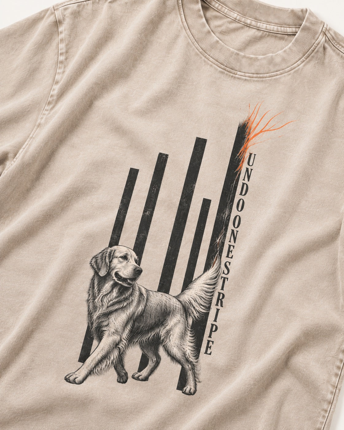 Undo One Stripe Golden Retriever Washed Tee in Apricot, close-up of the graphic