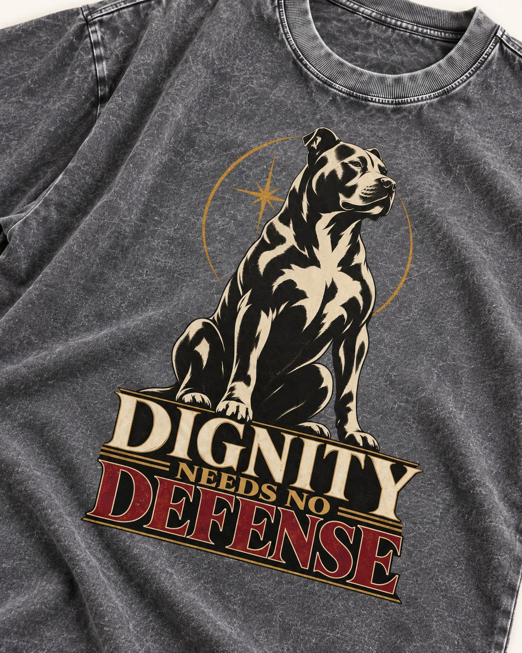 Pitbull Dignity Needs No Defense Seated Emblem Graphic Washed Tee in Gray, close-up of the graphic