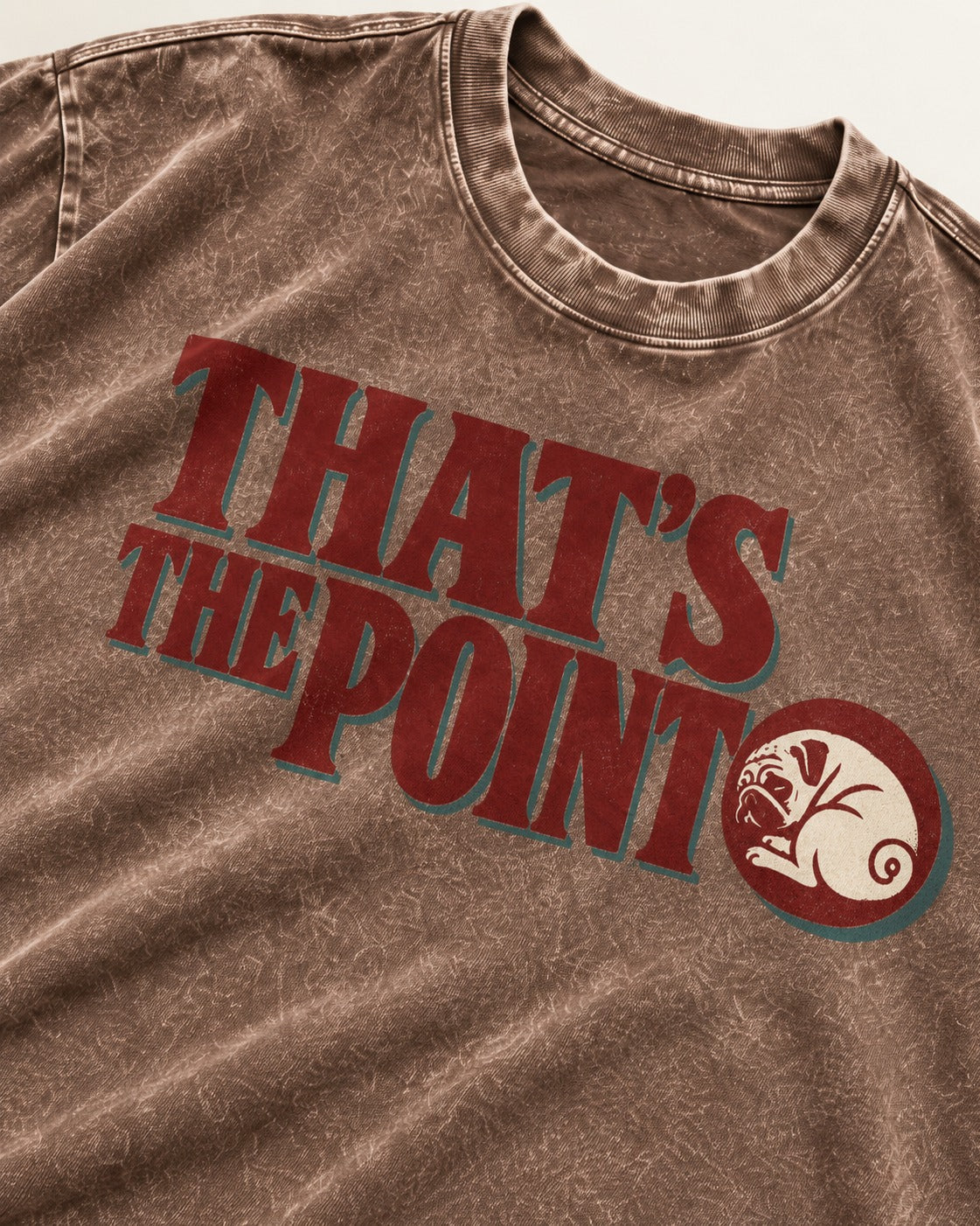 Pug's the Point Washed Tee in Coffee, close-up of the graphic