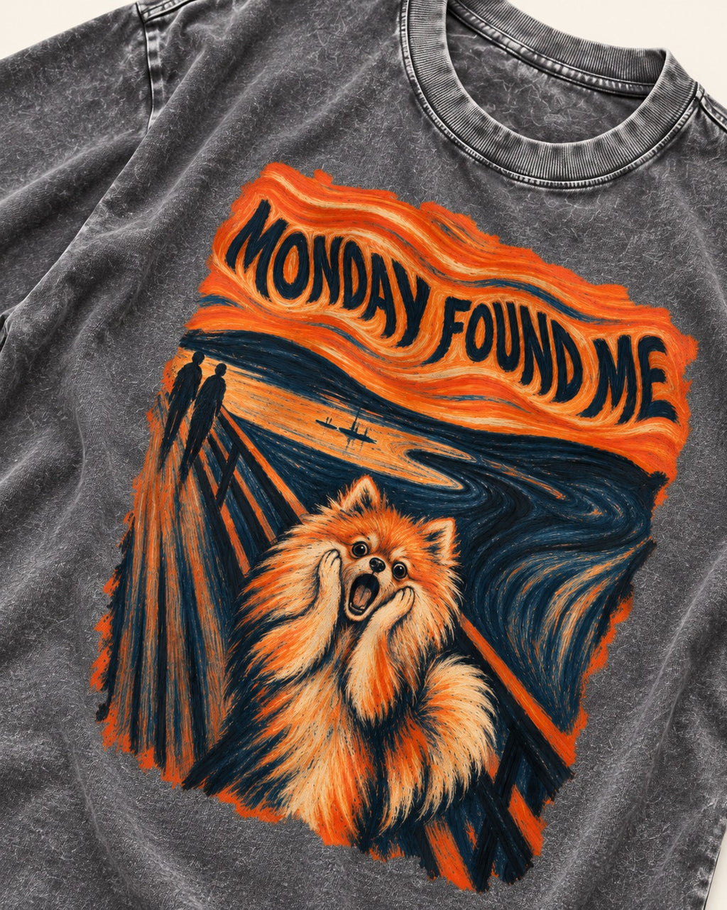 Pomeranian Monday Found Me Scream Parody Graphic Washed Tee in Gray, close-up of the graphic