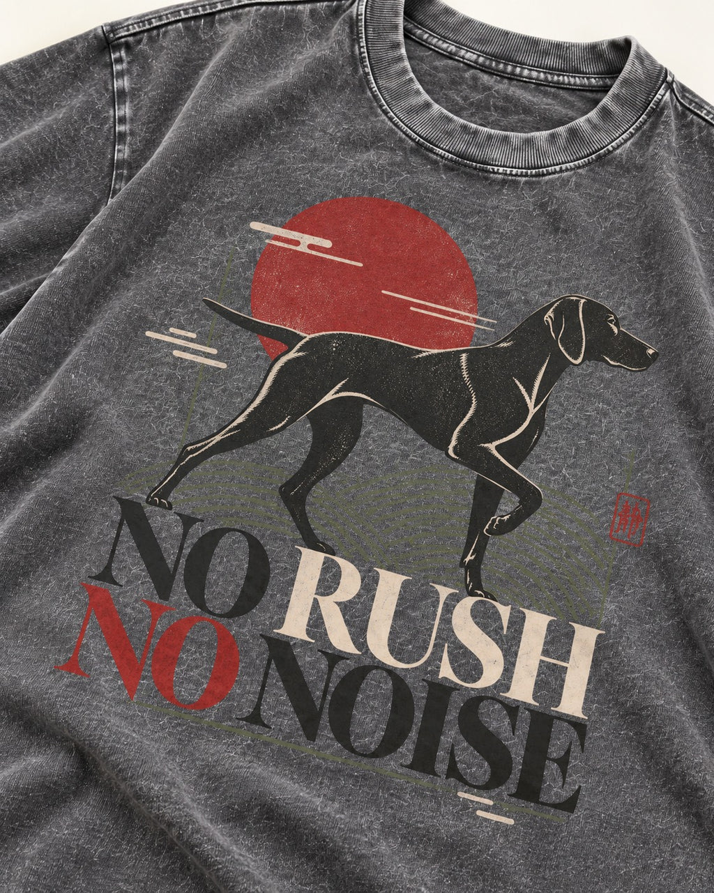 German Shorthaired Pointer No Rush No Noise Sunset Graphic Washed Tee in Gray, close-up of the graphic
