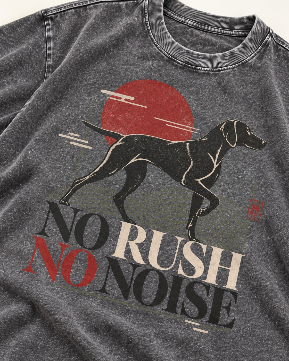 German Shorthaired Pointer No Rush No Noise Sunset Graphic Washed Tee in Gray, close-up of the graphic