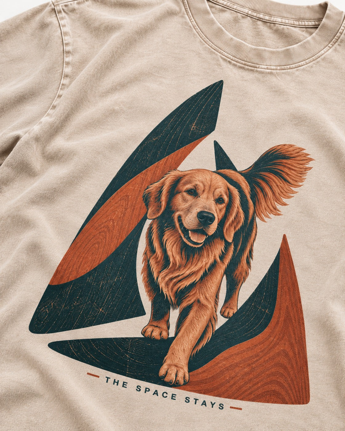 The Golden Retriever Space Stays Washed Tee in Apricot, close-up of the graphic