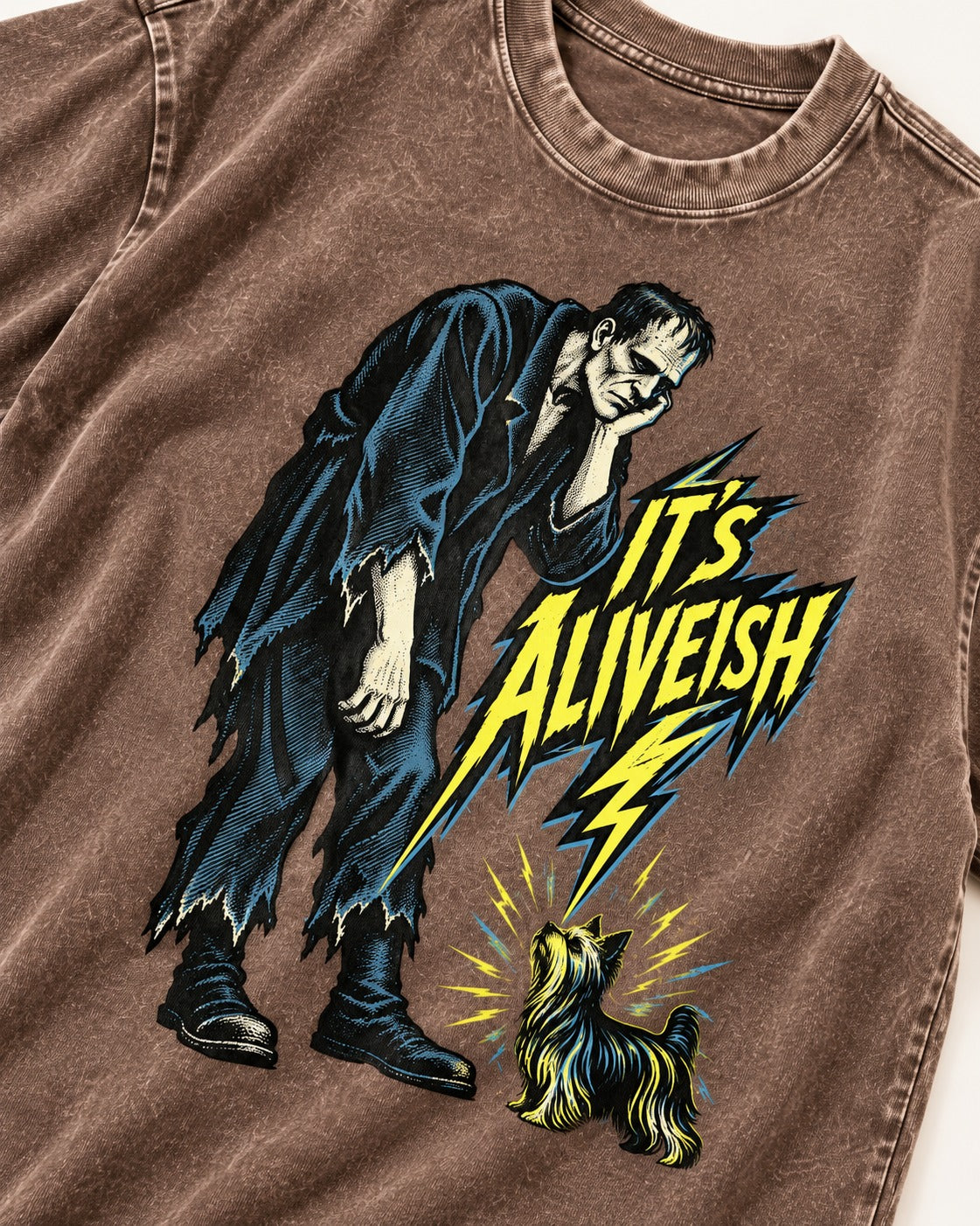 It's Aliveish Yorkshire Terrier Washed Tee in Coffee, close-up of the graphic