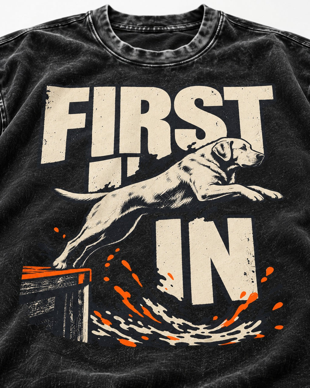 First In Dock Jump Labrador Retriever Graphic Washed Tee in Black, close-up of the graphic