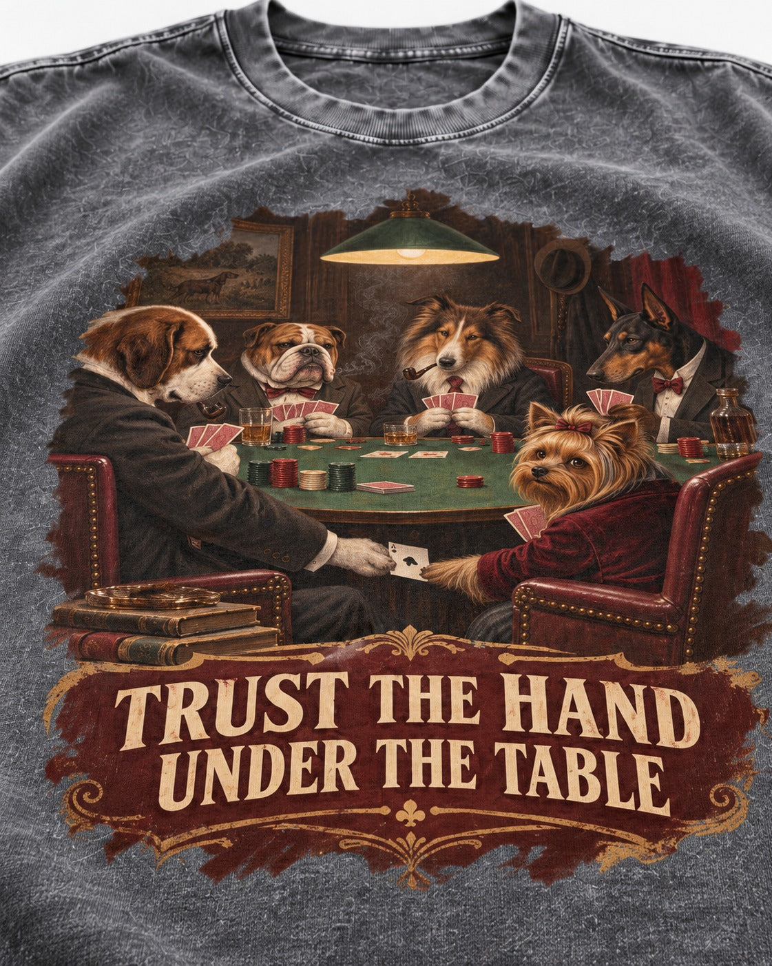 Yorkshire Terrier Trust the Hand Under the Table Poker Dogs Graphic Washed Tee in Gray, close-up of the graphic