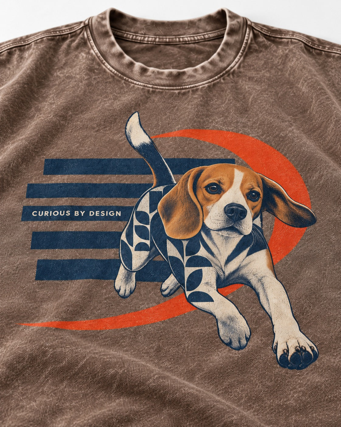 Beagle Born Curious Washed Tee in Coffee, close-up of the graphic