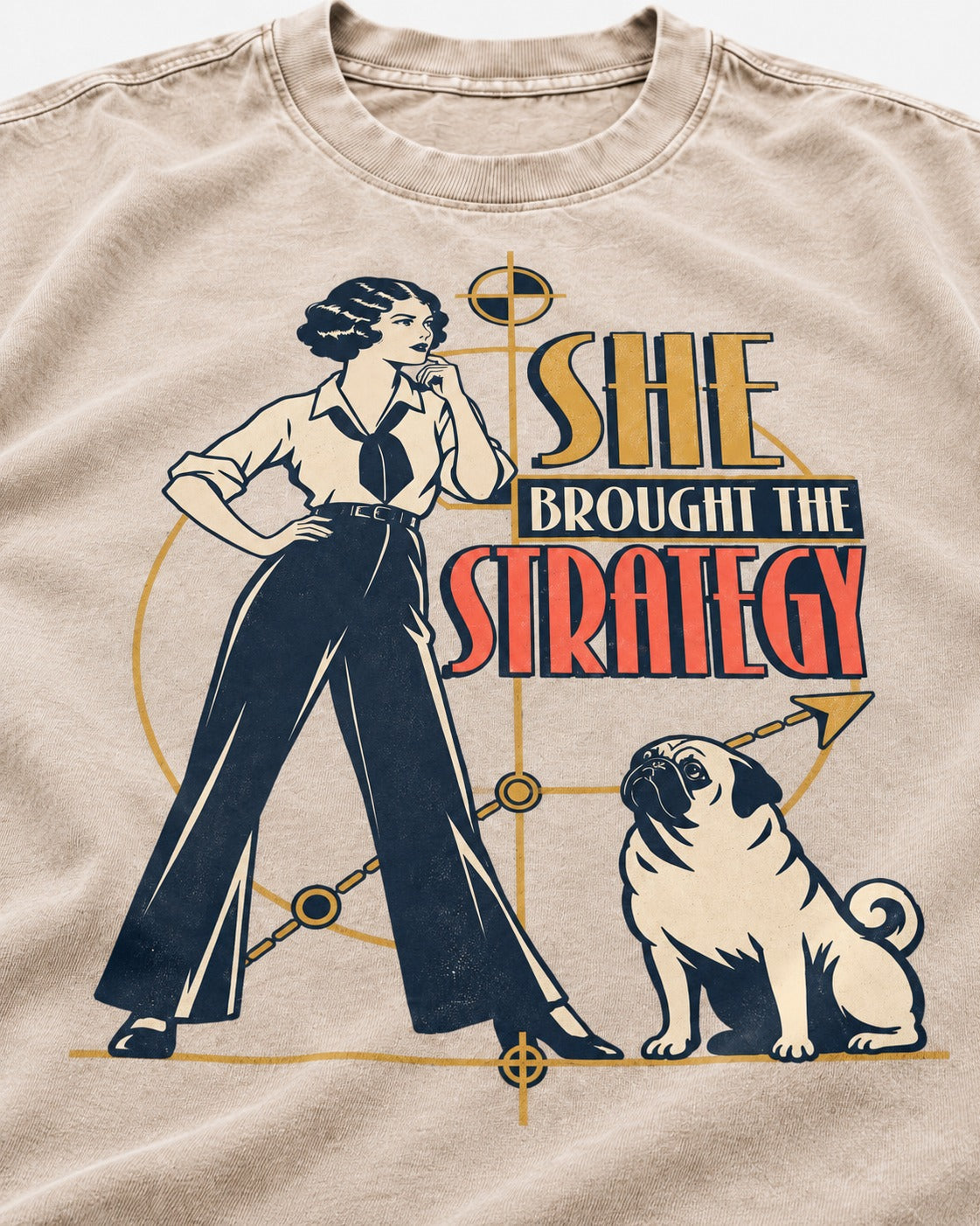 The Pug Strategy Washed Tee in Apricot, close-up of the graphic