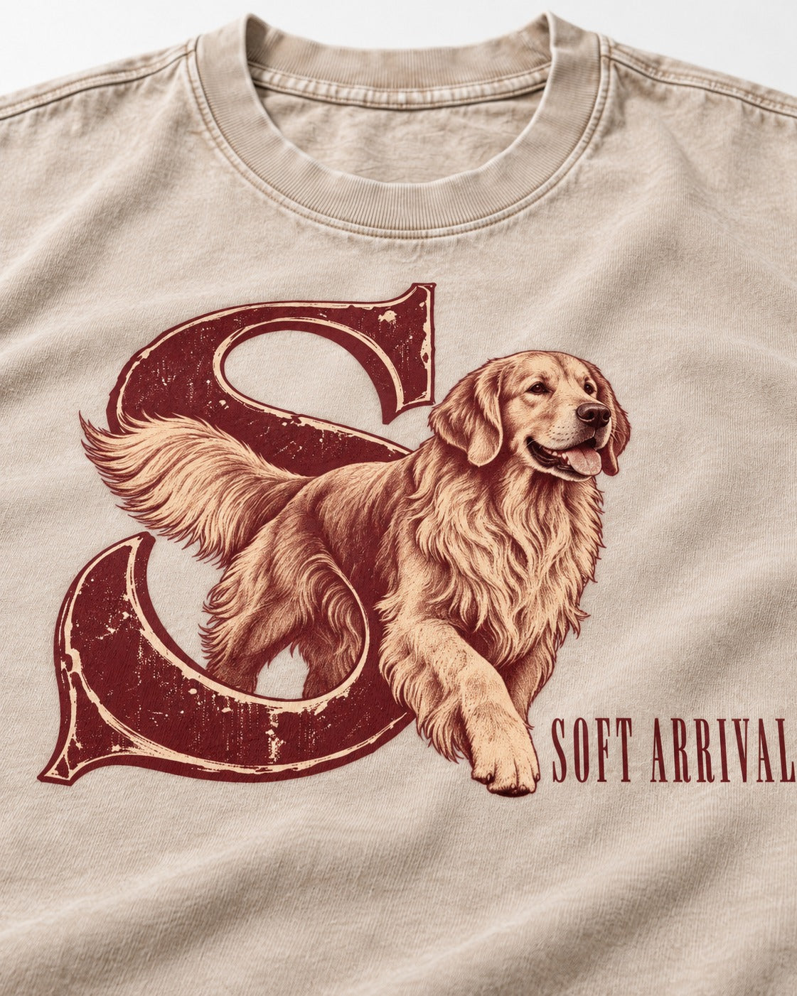 Soft Arrival Golden Retriever Washed Tee in Apricot, close-up of the graphic