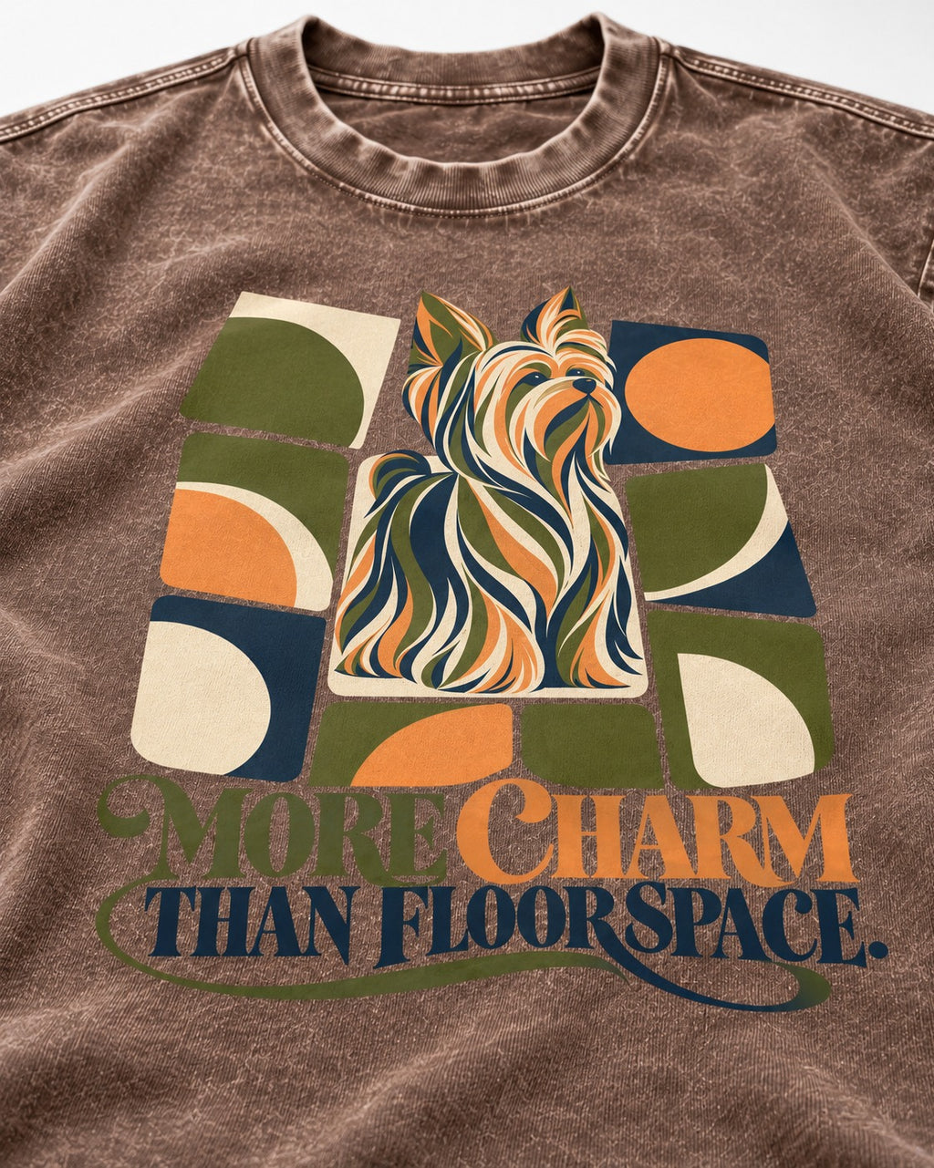 Yorkshire Terrier More Charm Than Space Washed Tee in Coffee, close-up of the graphic