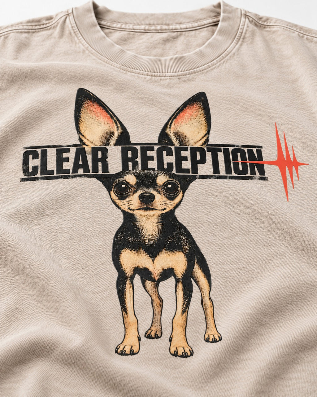 Chihuahua Clear Reception Washed Tee in Apricot, close-up of the graphic