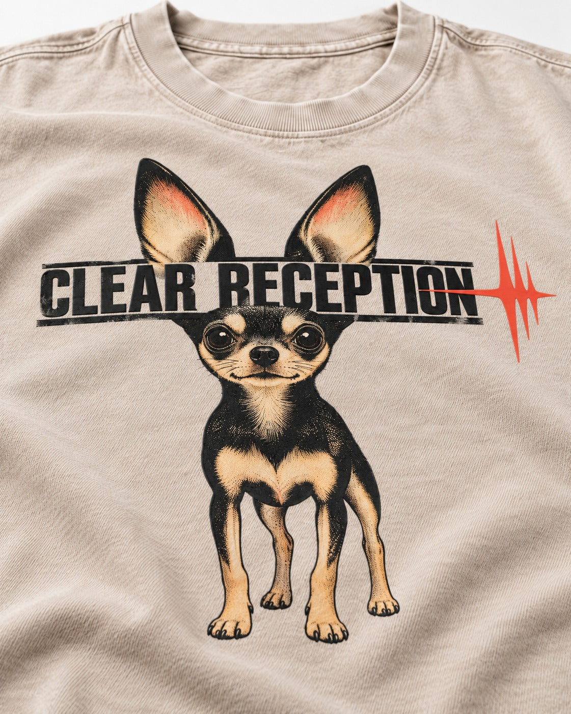 Chihuahua Clear Reception Washed Tee in Apricot, close-up of the graphic