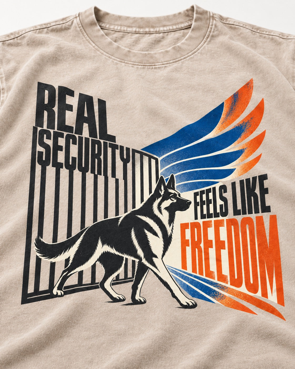 German Shepherd Dog Feels Like Freedom Washed Tee in Apricot, close-up of the graphic