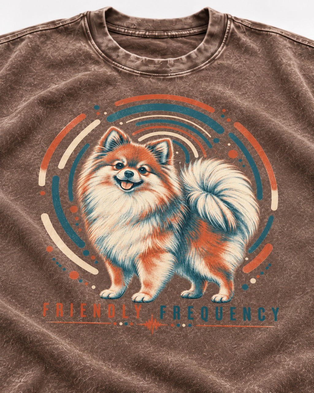 Friendly Frequency Pomeranian Washed Tee in Coffee, close-up of the graphic