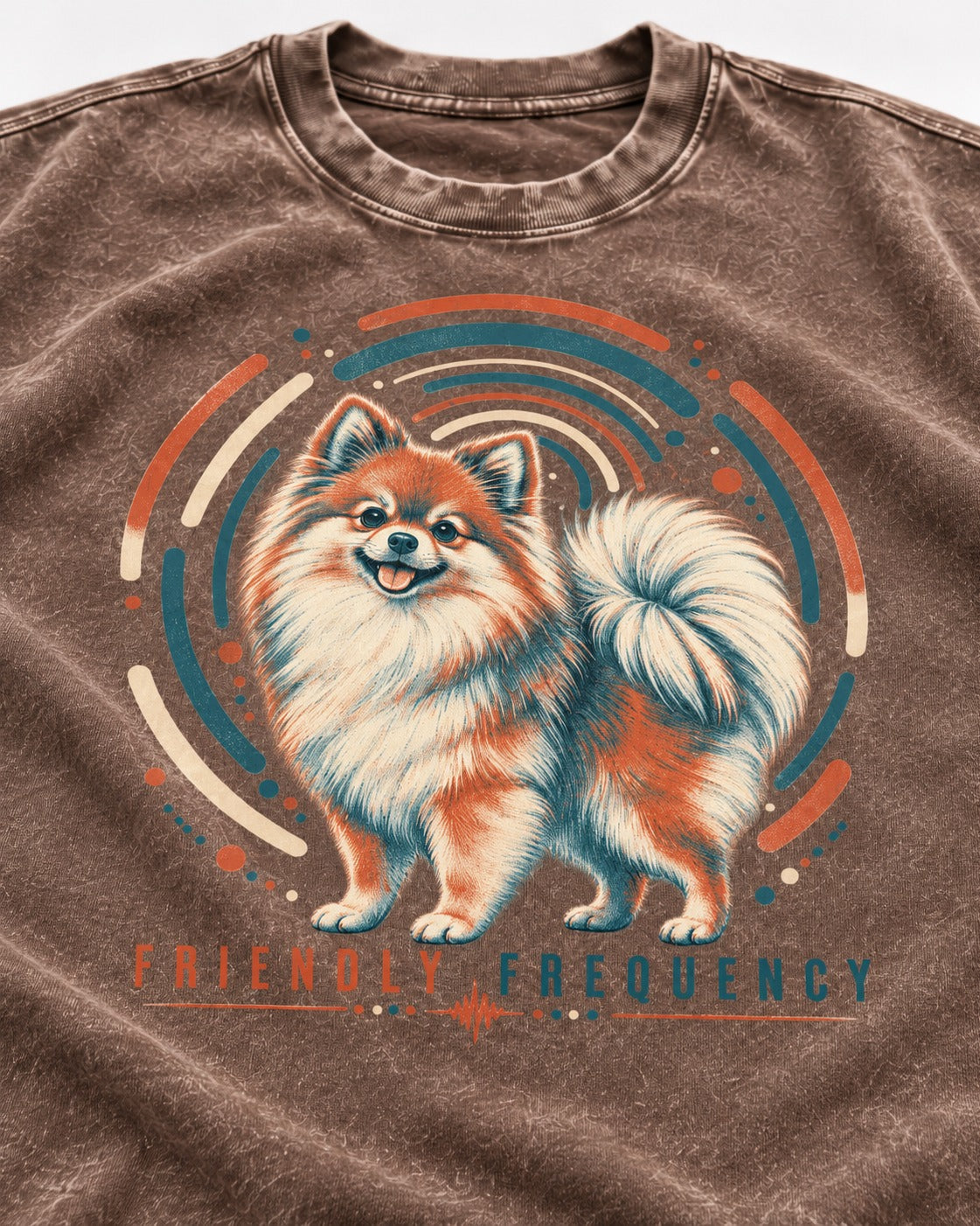 Friendly Frequency Pomeranian Washed Tee in Coffee, close-up of the graphic