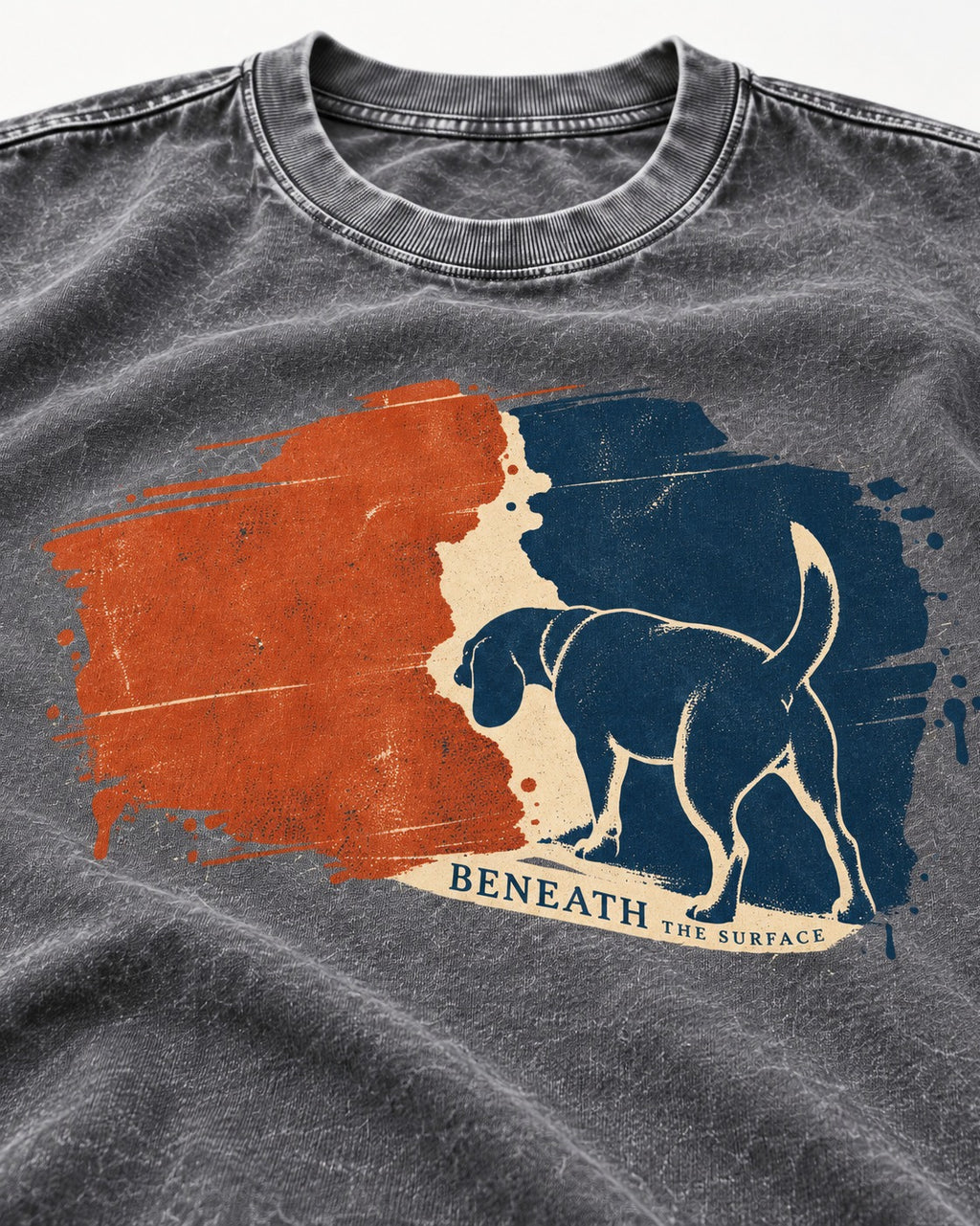 Beagle Beneath The Surface Scent Trail Washed Tee in Gray, close-up of the graphic