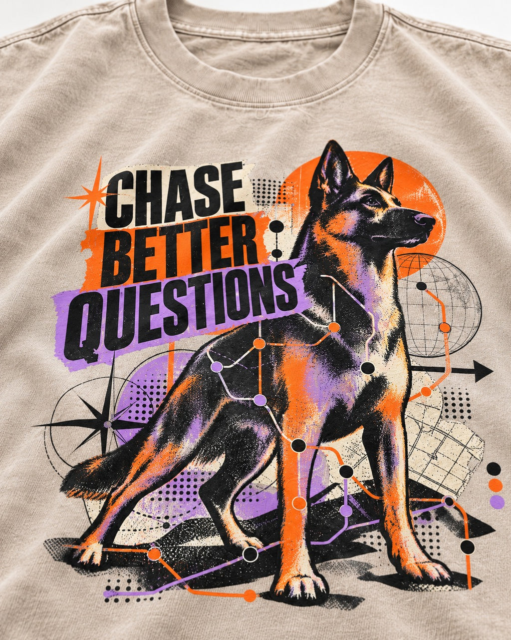 Chase Better Questions German Shepherd Dog Washed Tee in Apricot, close-up of the graphic